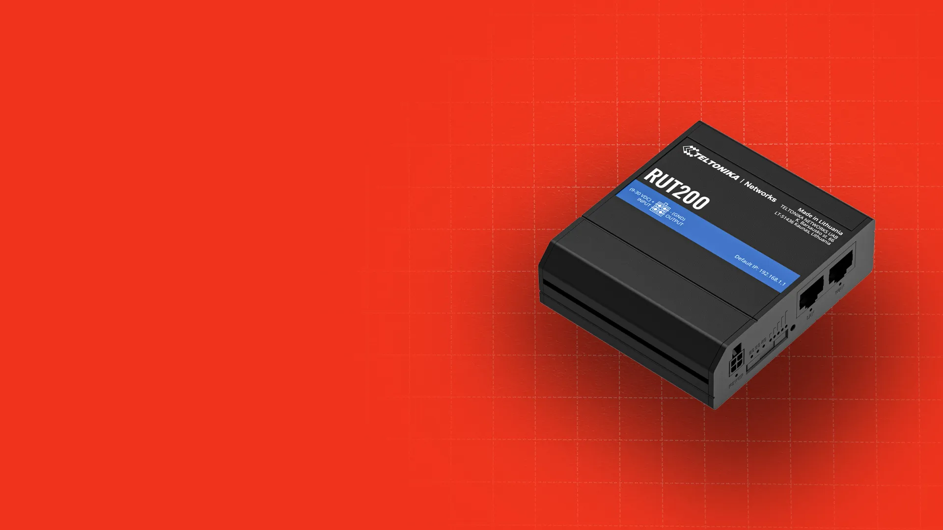 Black Teltonika RUT200 network router device on a red grid background.