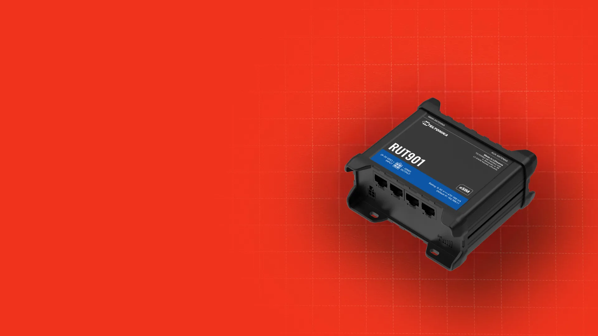Black Teltonika RUT901 industrial LTE router with four Ethernet ports on a red grid background.