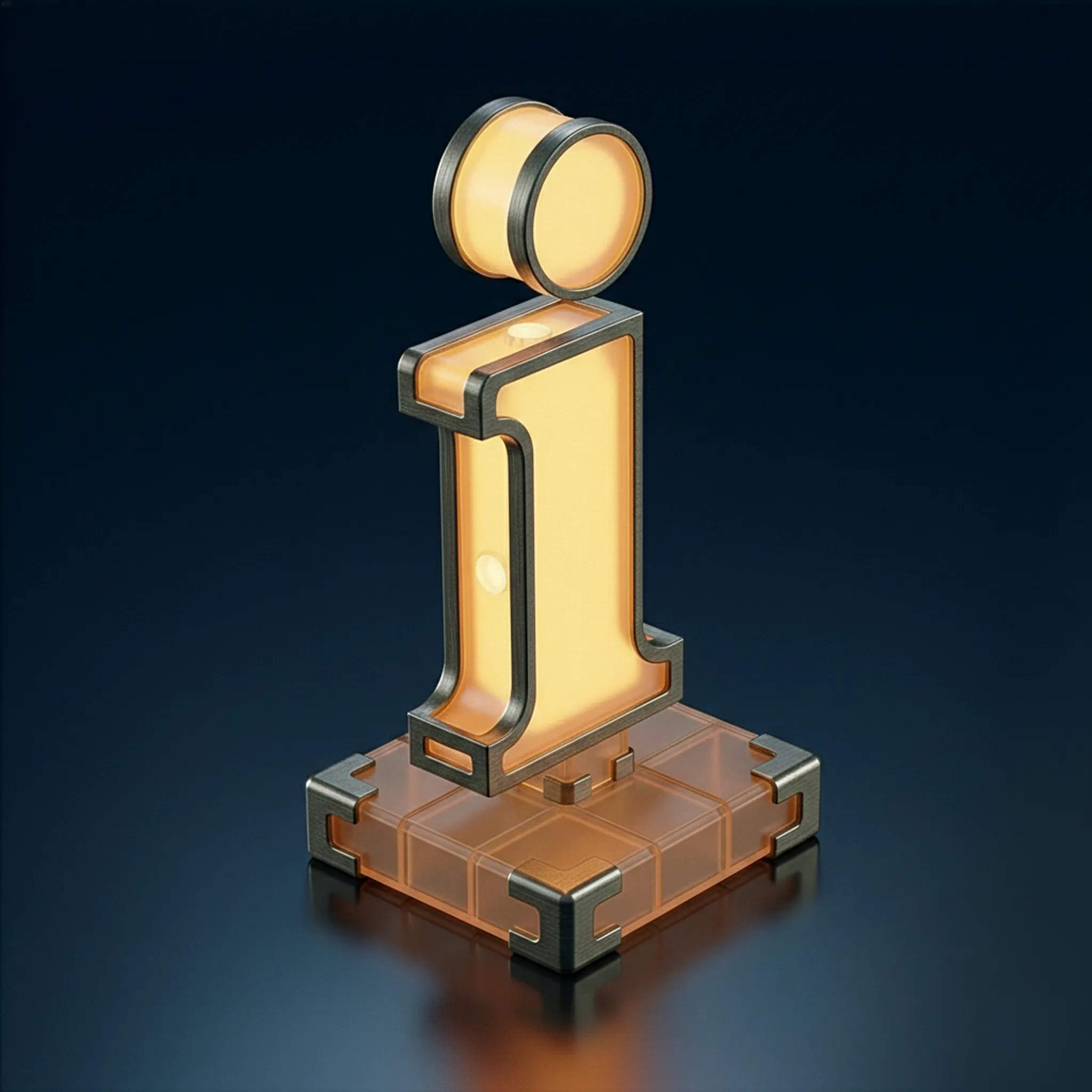 A 3D illuminated lowercase letter i with metallic edges standing on a transparent base with metallic corners against a dark background.