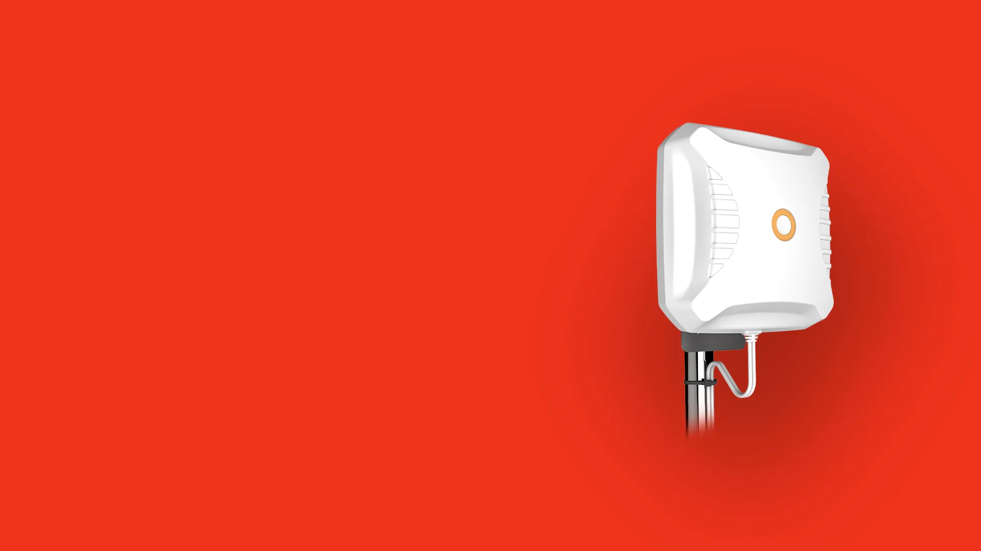 White square 5G antenna mounted on a metal pole against a solid red background.