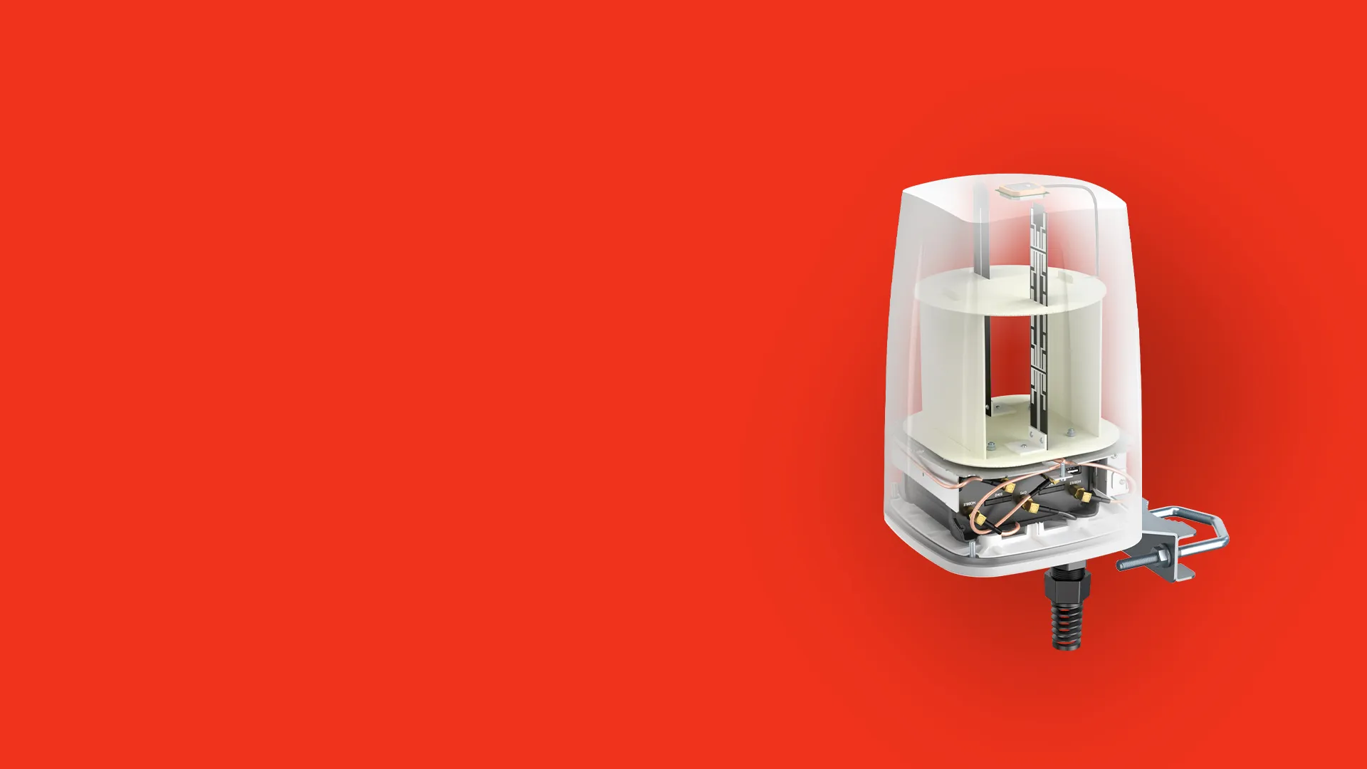 Transparent casing of a compact electronic device with internal components and mounting clamp on a bright red background.