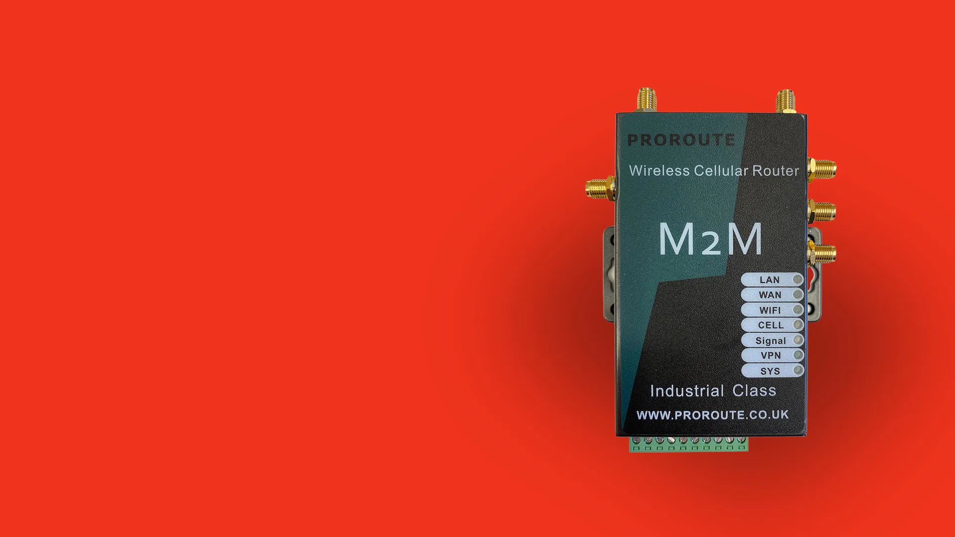 Proroute M2M wireless cellular router with multiple antenna ports and LED indicators on a red background.