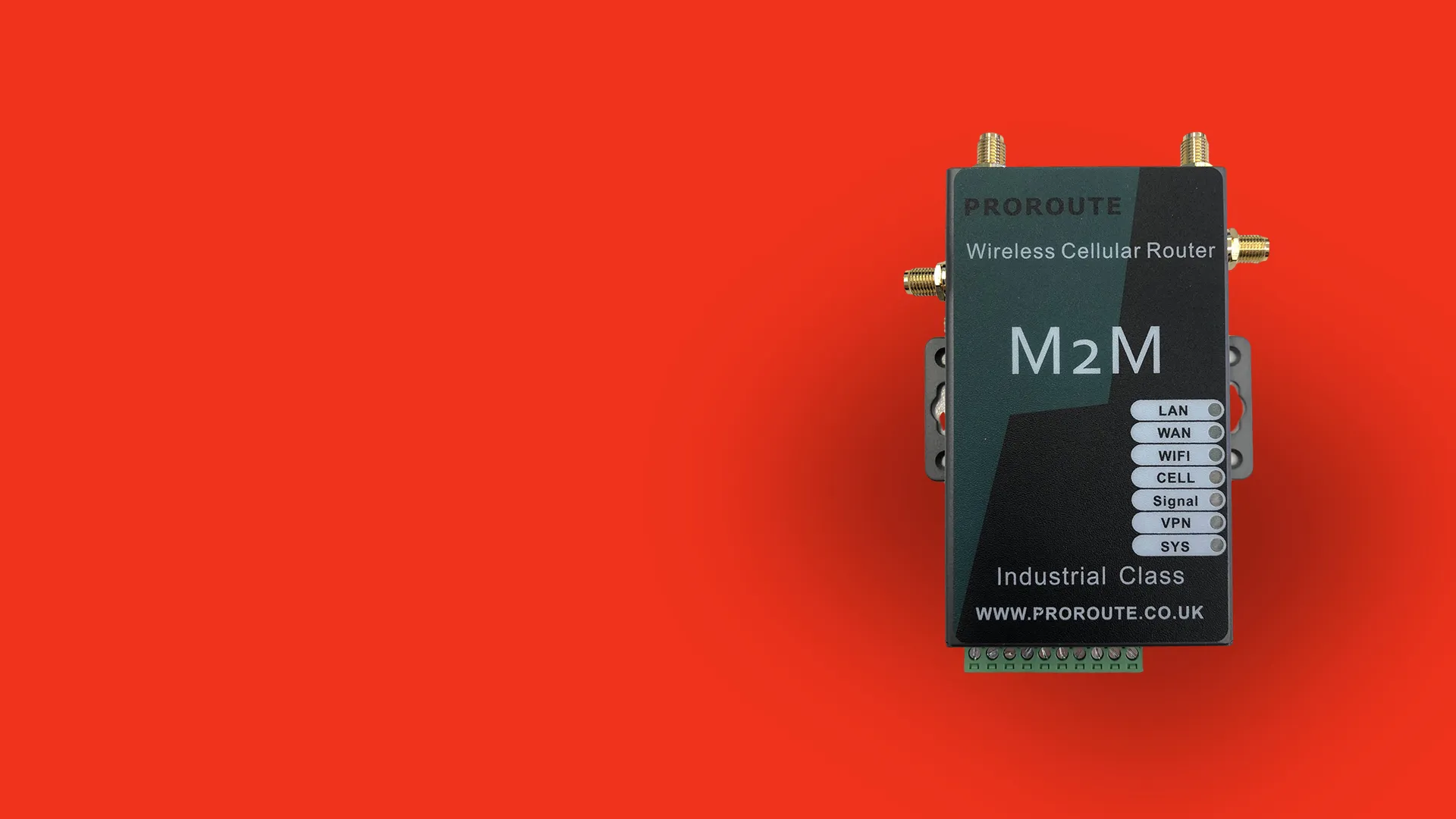 PROROUTE M2M wireless cellular router for industrial class applications on red background.