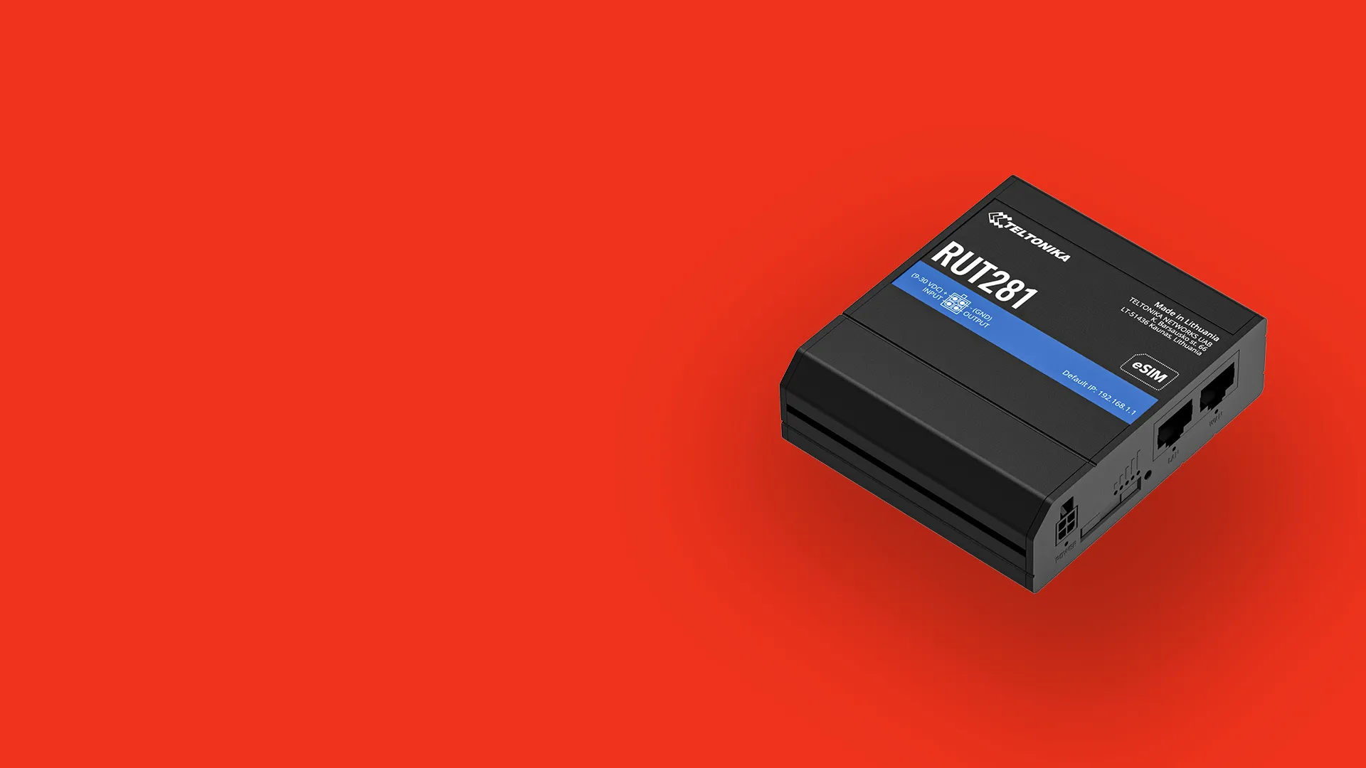 Black Teltonika RUT281 network router with Ethernet ports on a red background.