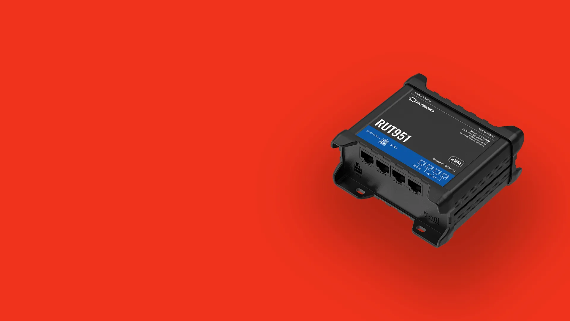 Teltonika RUT951 industrial cellular router with multiple Ethernet ports on a red background.