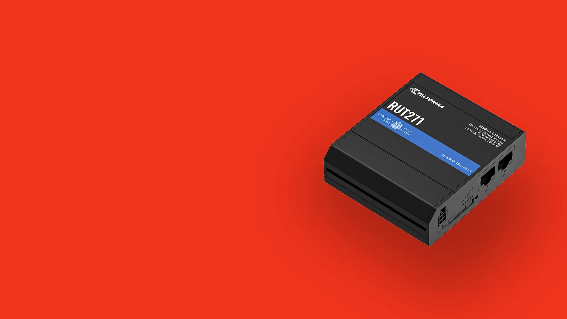 Black Teltonika RUT271 router with blue label on bright red background.