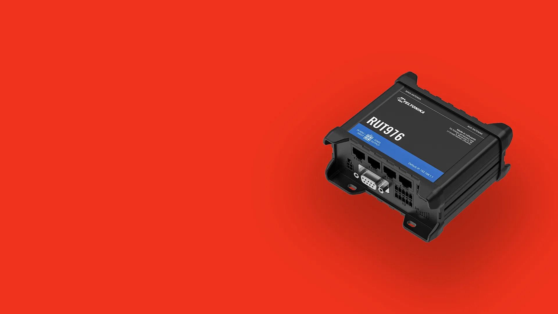 Teltonika RUT916 industrial cellular router with multiple ports on a red background.