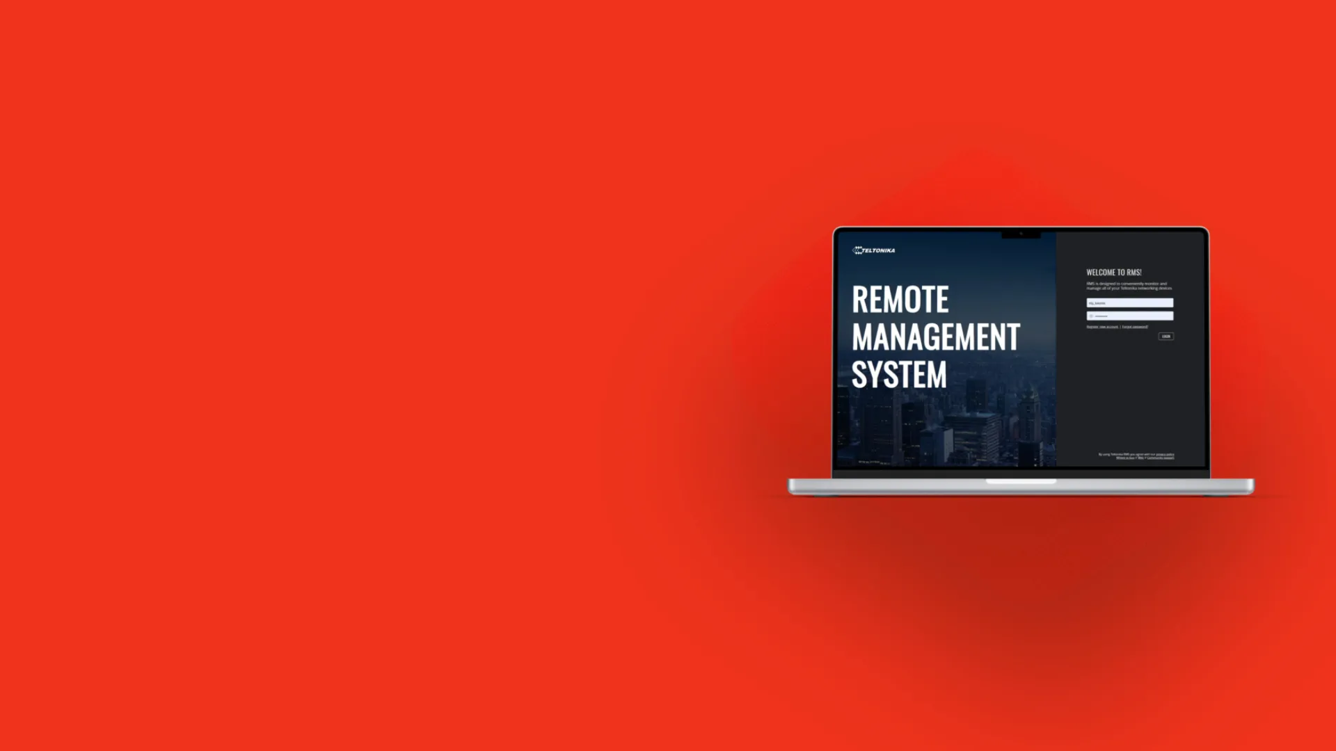 Laptop screen showing Teltonika Remote Management System login page on red background.