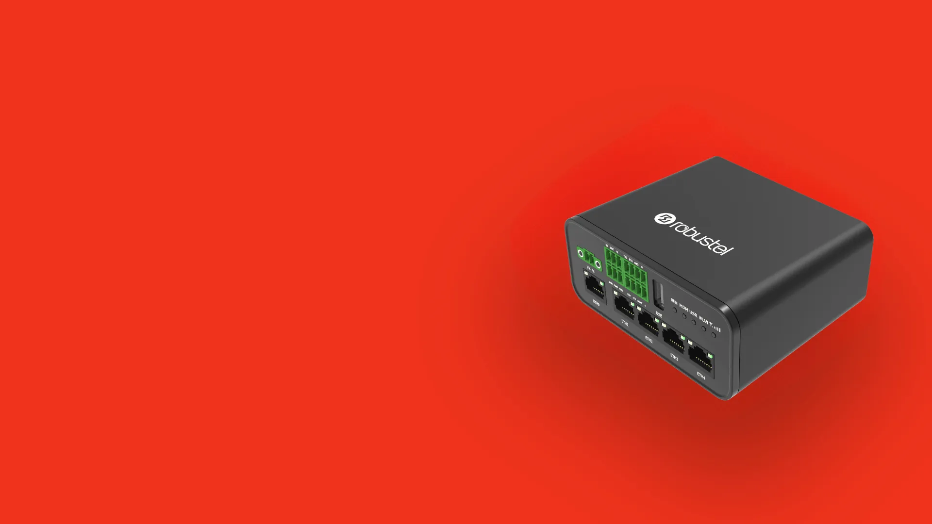 Black Robustel network device with multiple Ethernet ports and indicator lights on a red background.