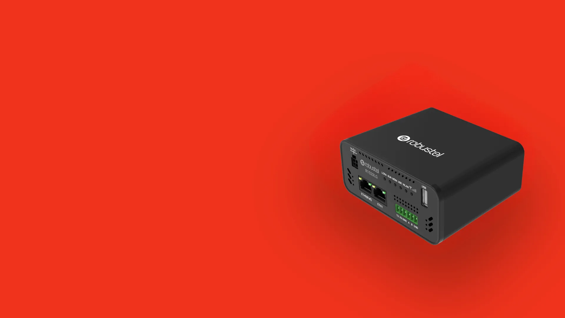 Black Robustel R1520LG industrial router device on red background.