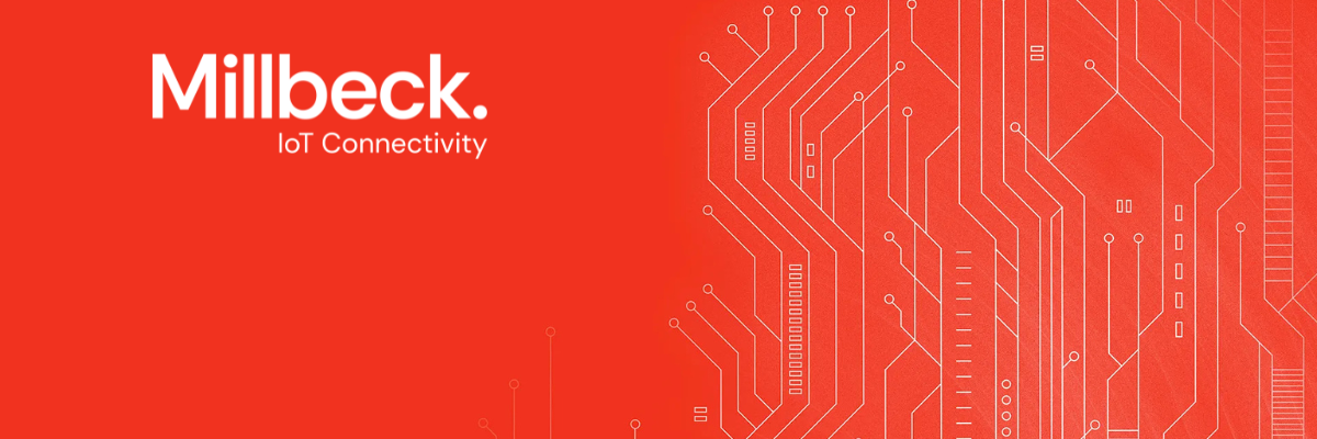 Millbeck logo overlayed on a red background with an illustration of a network on the right hand side to represent mobile networks