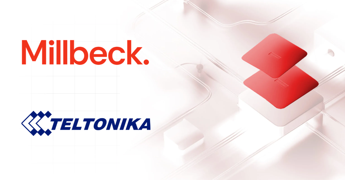 Millbeck and Teltonika Logo on a swirling background with illustrative sim cards