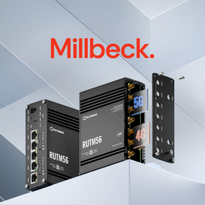 Image of a Teltonika RUTM56 dual modem router with the Millbeck logo above, on an abstract tiled background