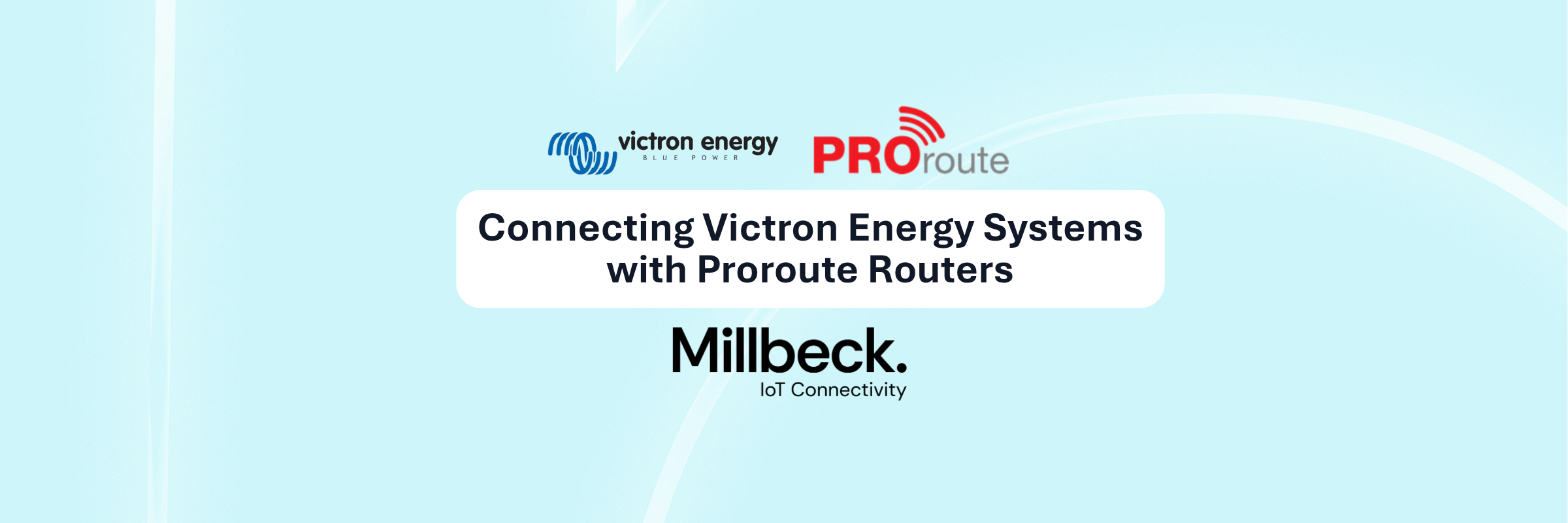 Millbeck, Proroute and Victron logos on a blue background