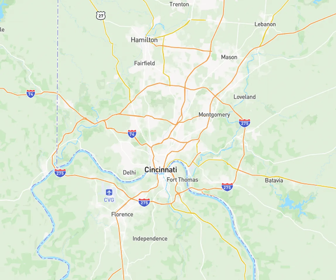 Map showing Cincinnati and surrounding areas including Hamilton, Fairfield, Delhi, Florence, Montgomery, Mason, and major highways I-74 and I-275.