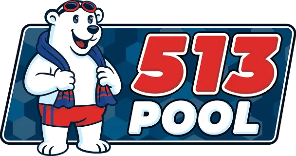Cartoon polar bear wearing red shorts and sunglasses, holding a blue towel, next to bold text '513 POOL'.