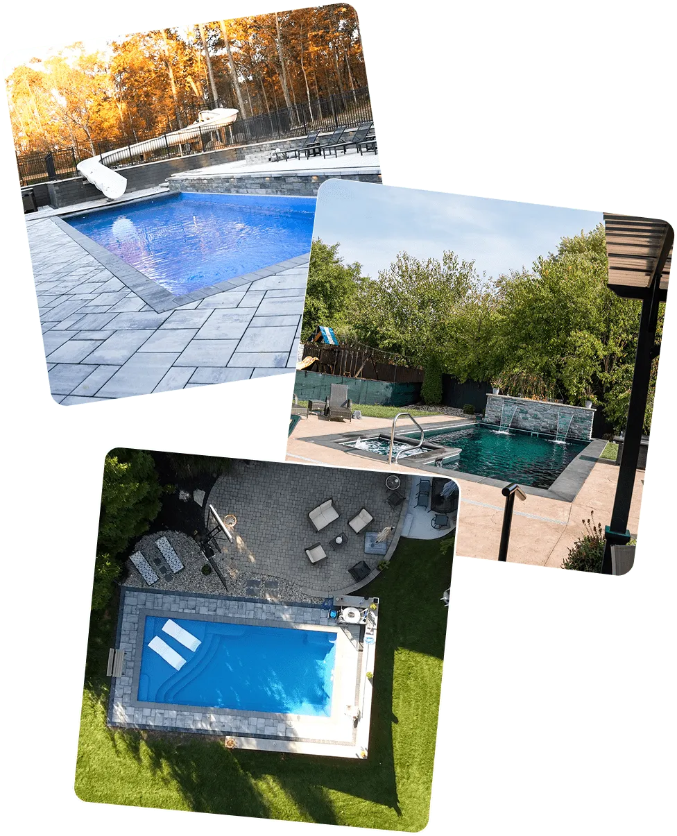 Three images showing different backyard swimming pools, one with a slide and lounge chairs, one with water features and greenery, and an aerial view of a pool with poolside seating.