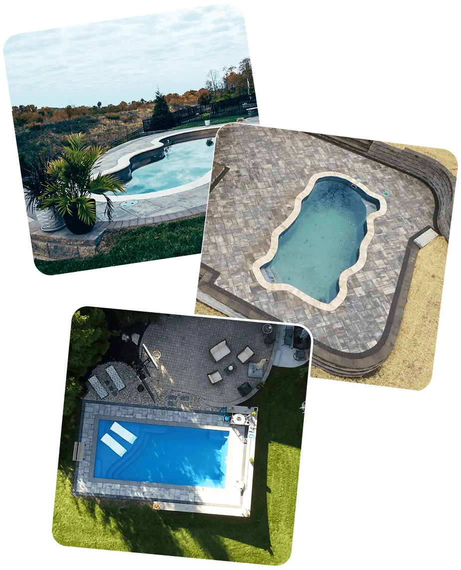 Collage of three different swimming pools: a kidney-shaped pool in a rural area with plants, a uniquely shaped pool with stone paving viewed from above, and a rectangular pool with poolside chairs and patio in a residential backyard.