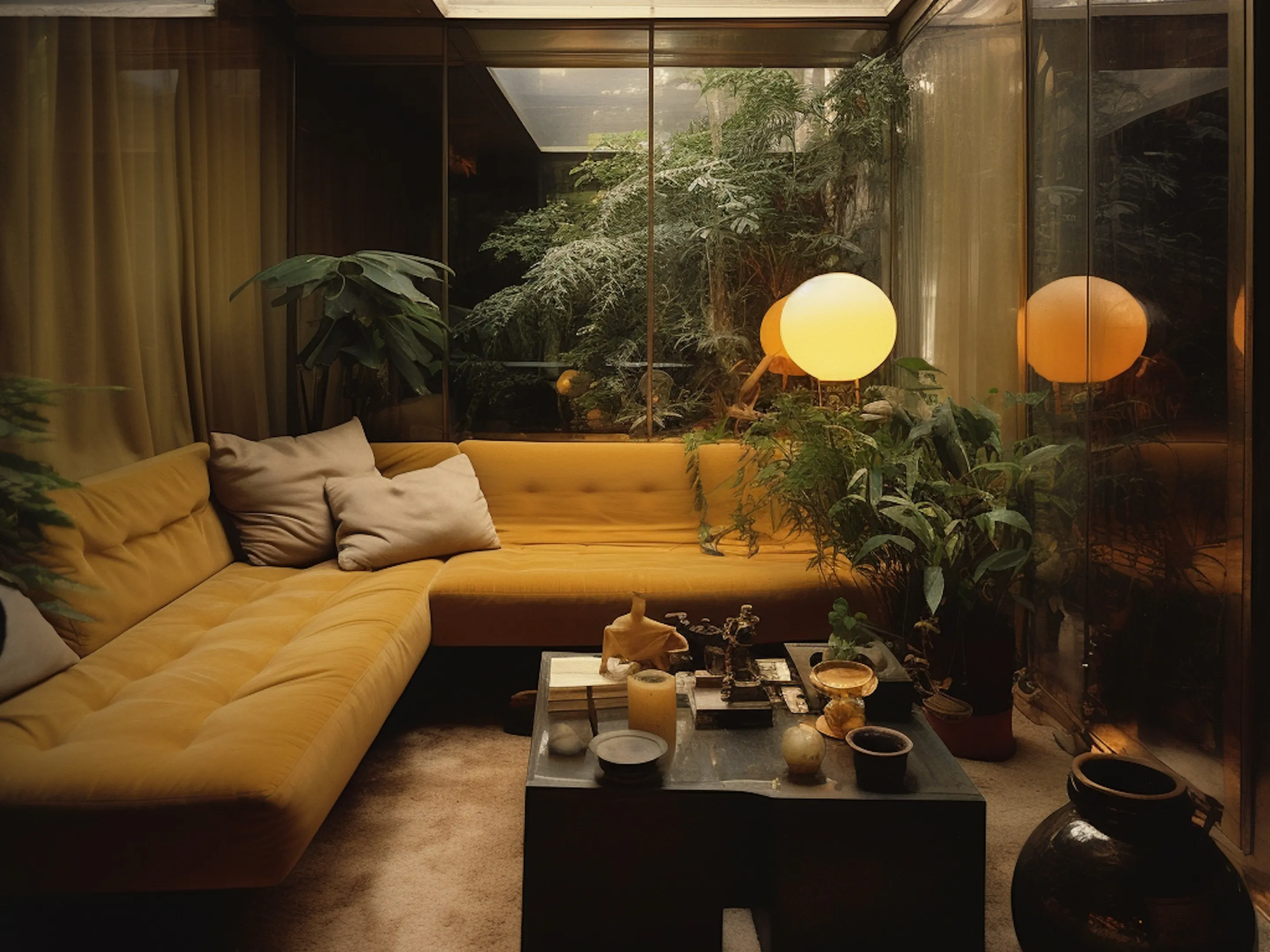 A living room filled with furniture and plants.