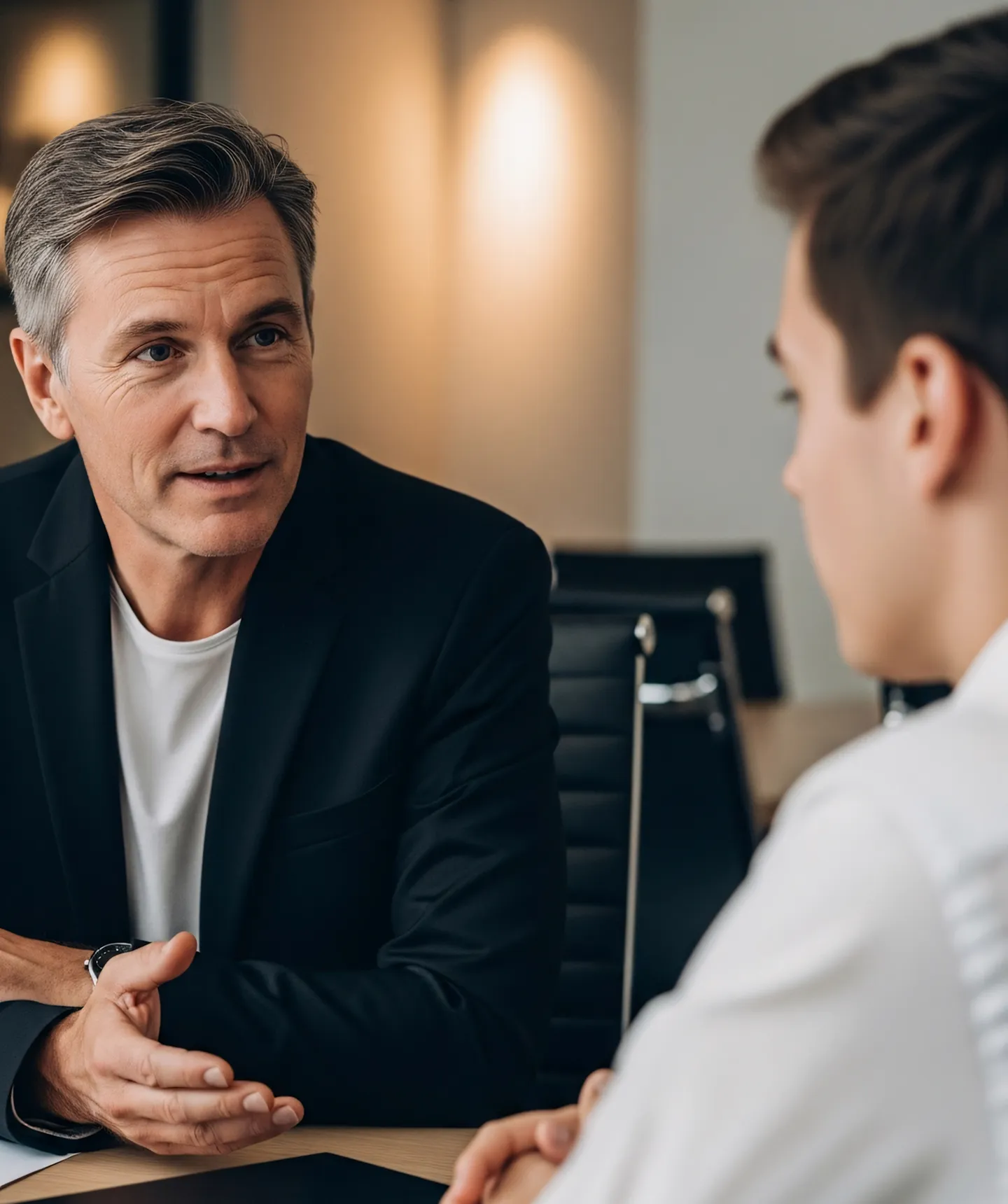 A man sitting at a desk talking to another man.