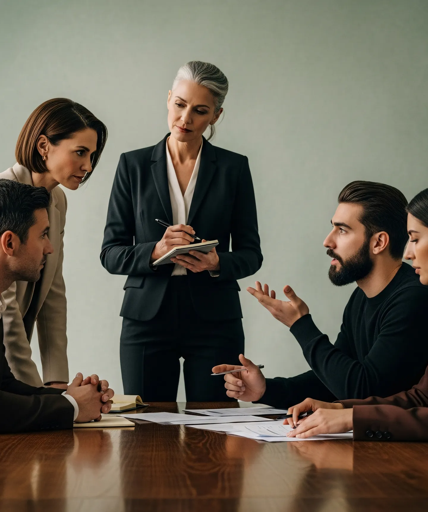 A group of people sitting around a wooden table.