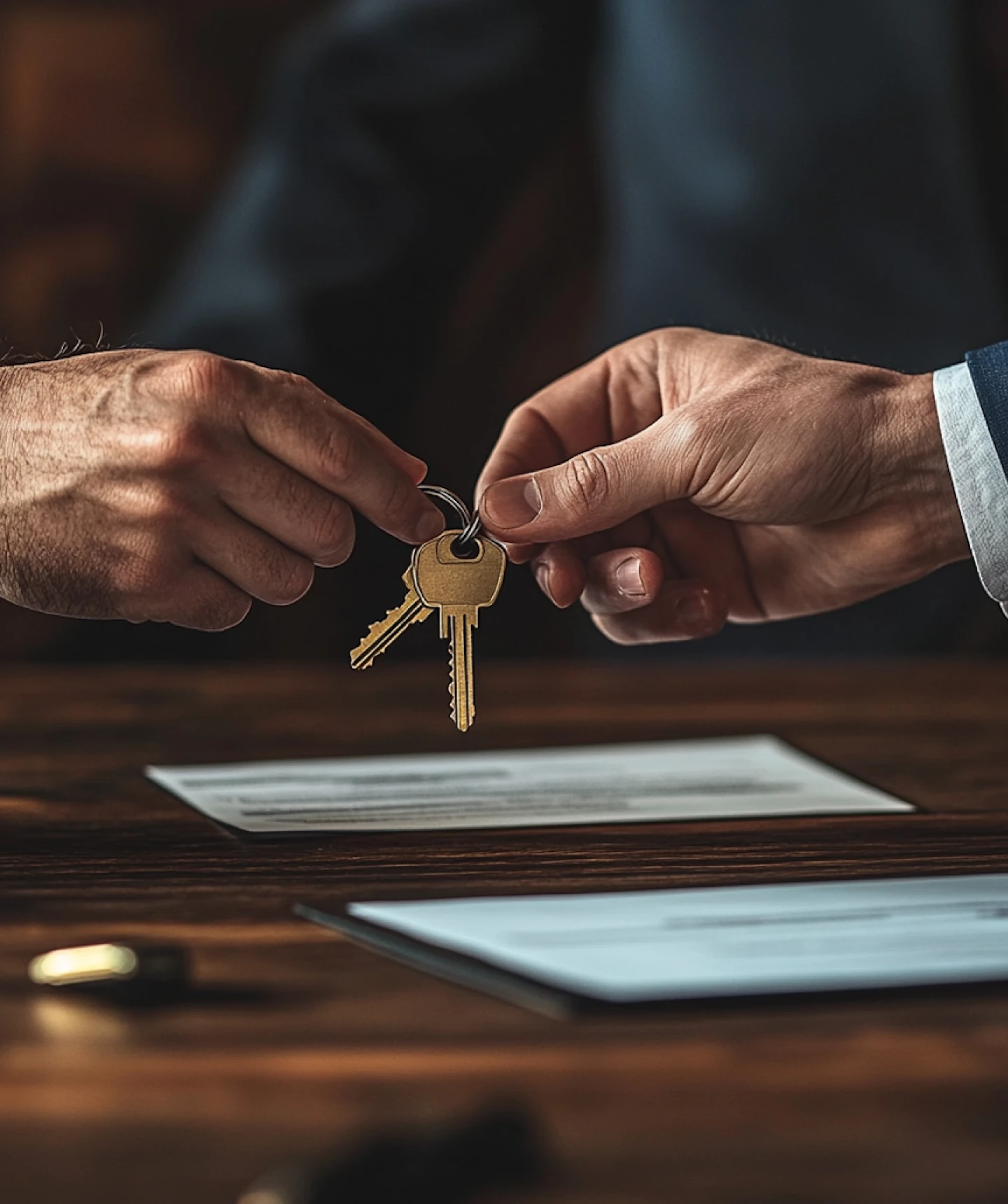 Two people exchanging keys to each other on a table.