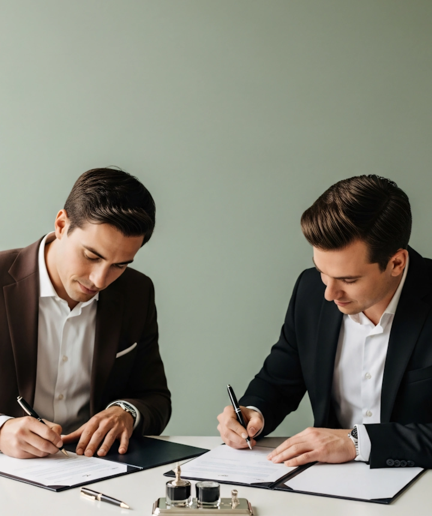 Two men sitting at a table signing papers.