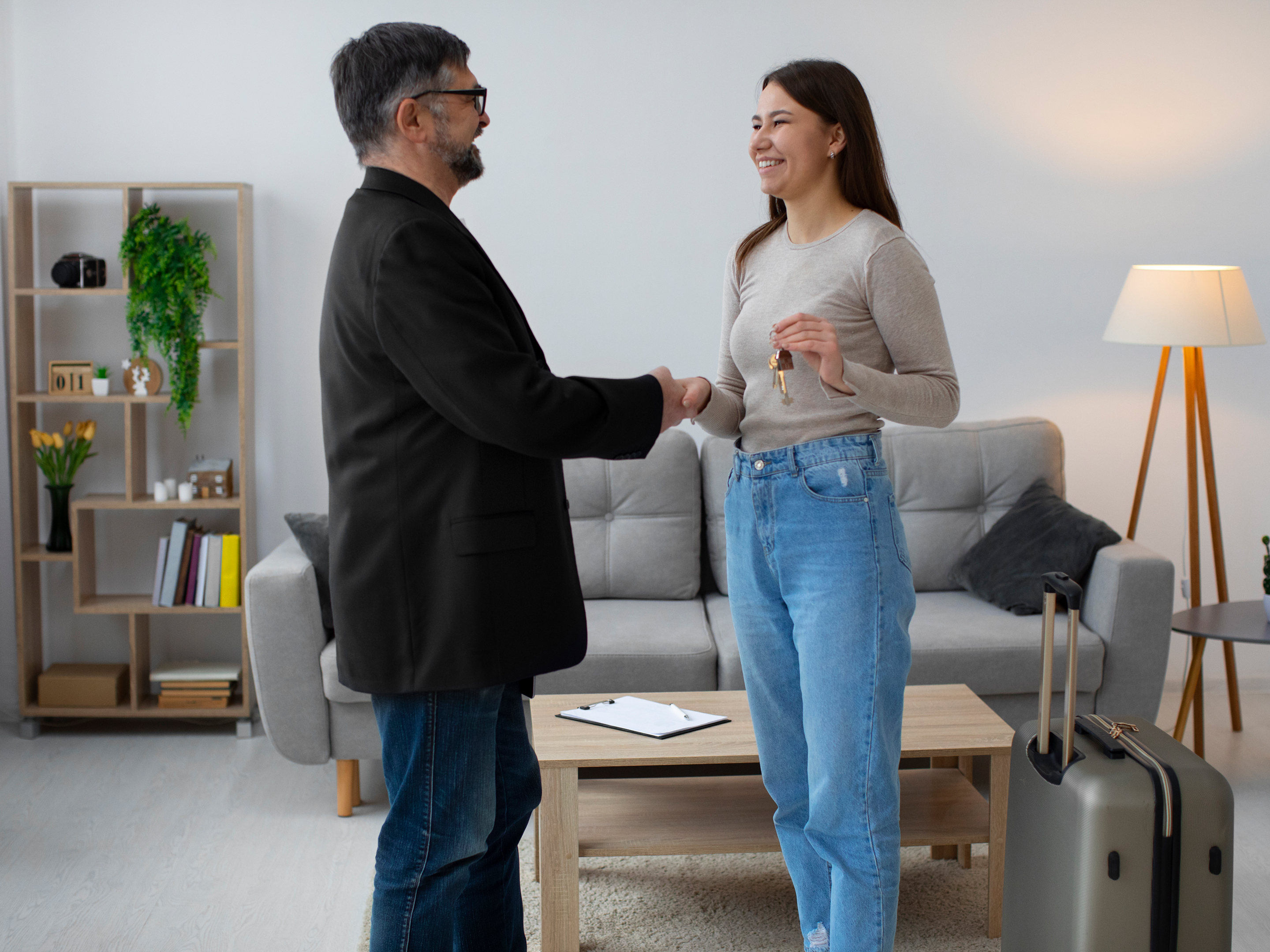 A man and a woman shaking hands in a living room.