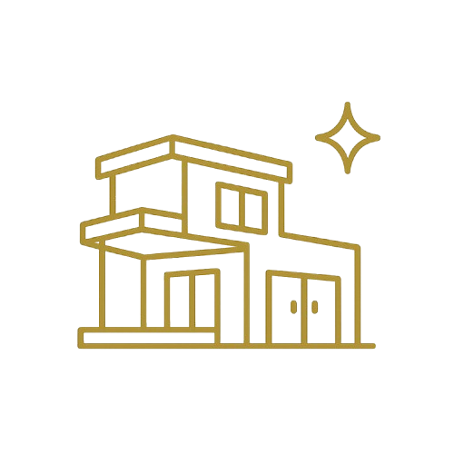 Gold outline of a modern two-story house with a window, double doors, and a star-shaped sparkle beside it.