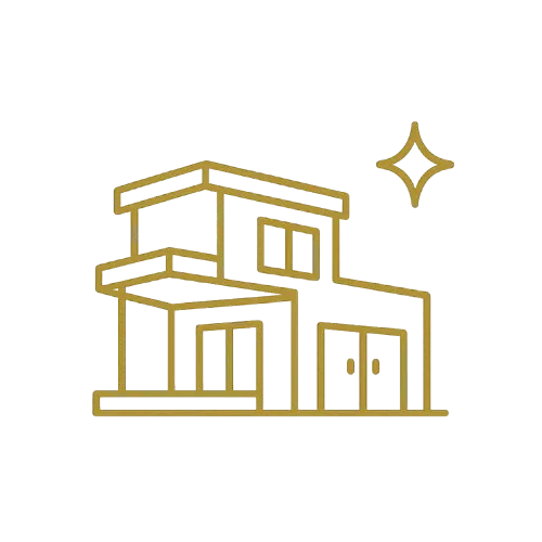 Gold outline of a modern two-story house with a window, double doors, and a star-shaped sparkle beside it.