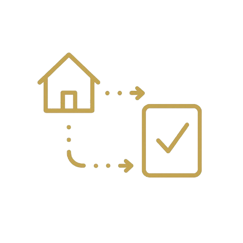 Icon showing a house connected by dotted arrows to a check mark in a box, representing home task completion or approval.