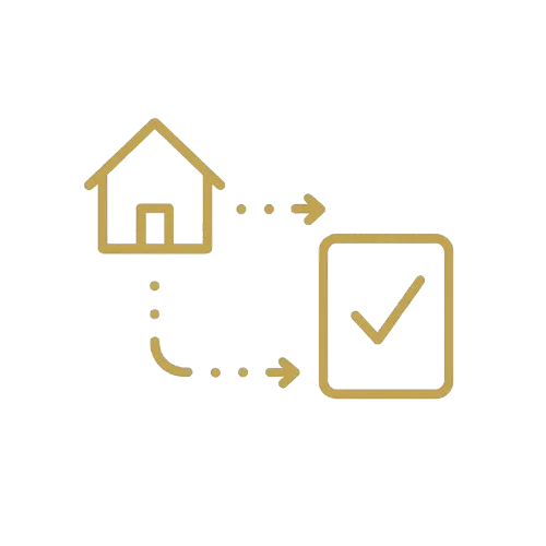 Icon showing a house connected by dotted arrows to a check mark in a box, representing home task completion or approval.