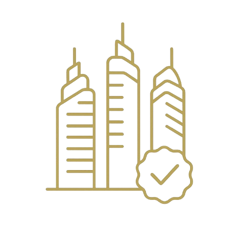 Line art of three modern skyscrapers with a checkmark badge in front.