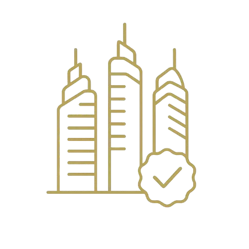 Line art of three modern skyscrapers with a checkmark badge in front.