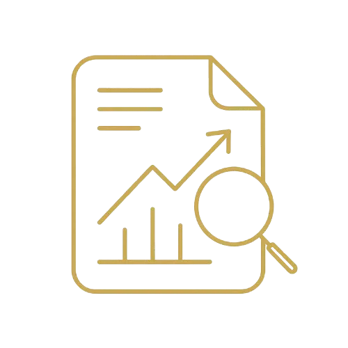 Icon of a document with an upward-trending line graph and a magnifying glass over it.