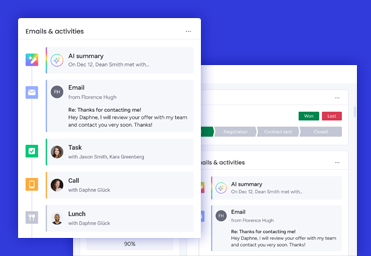 E-mail en activiteitenlog in monday CRM gekoppeld aan een deal.