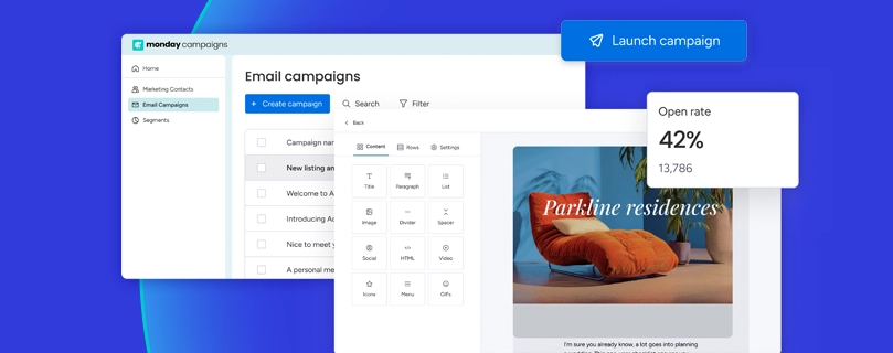 In een paar klikken campagnes maken in monday campaigns met drag-and-drop editor en CRM-velden