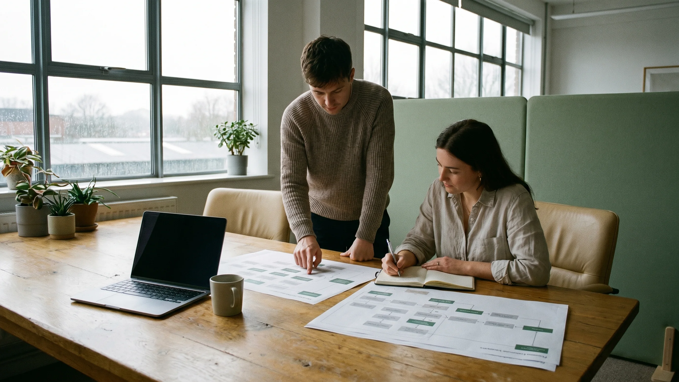 Twee collega's bespreken procesdiagrammen op een eiken bureau bij groot raam in een modern kantoor