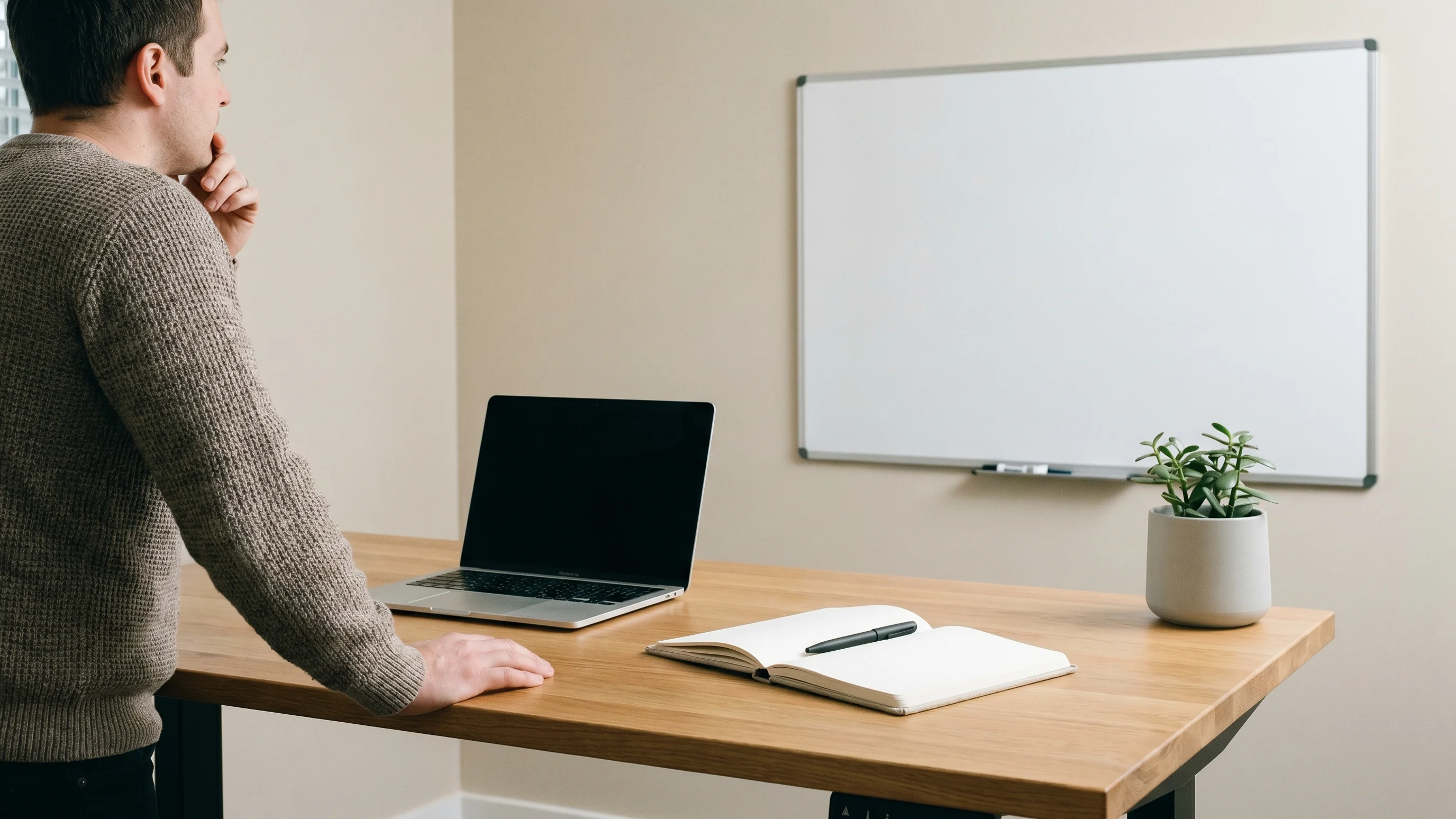 Persoon naast een werkbureau met laptop en notitieboek in een rustige kantooromgeving