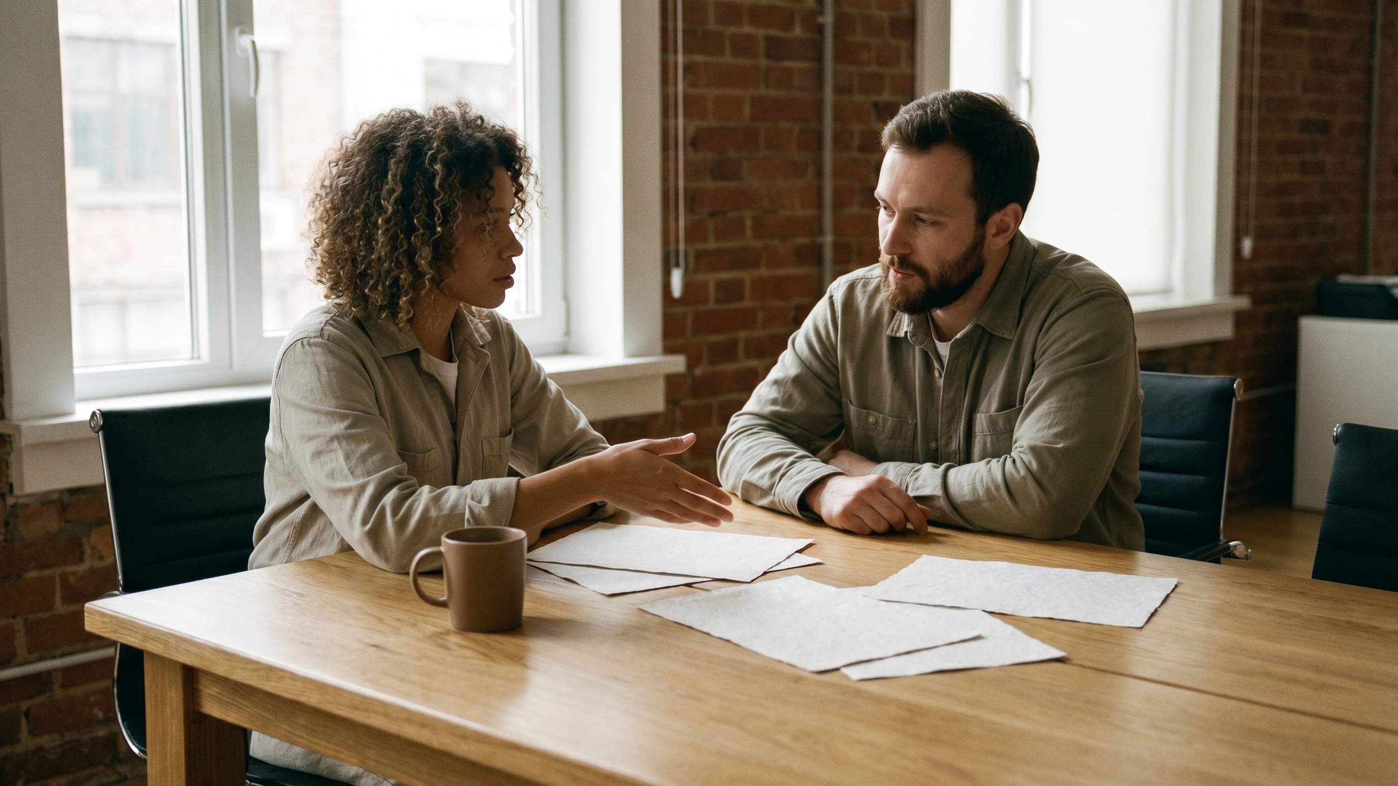 Twee mensen in overleg aan een houten vergadertafel tijdens een zakelijk gesprek over samenwerking