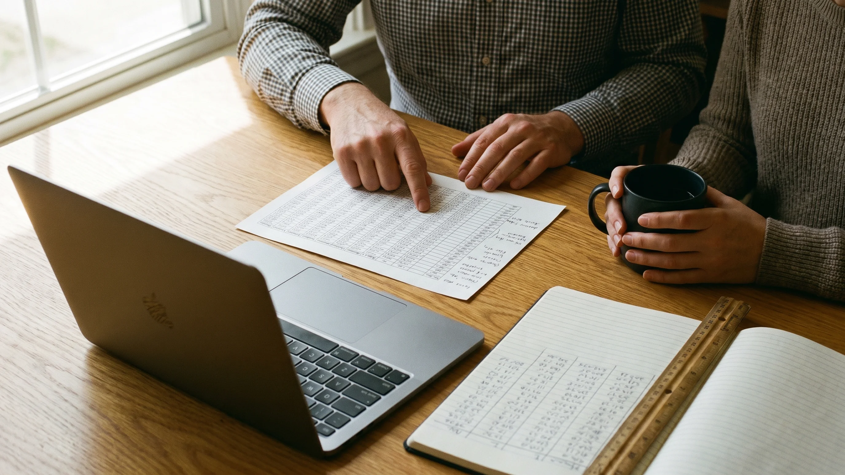 Twee collega's berekenen samen de ROI van procesautomatisering aan een eiken bureau met uitgeprinte cijfers