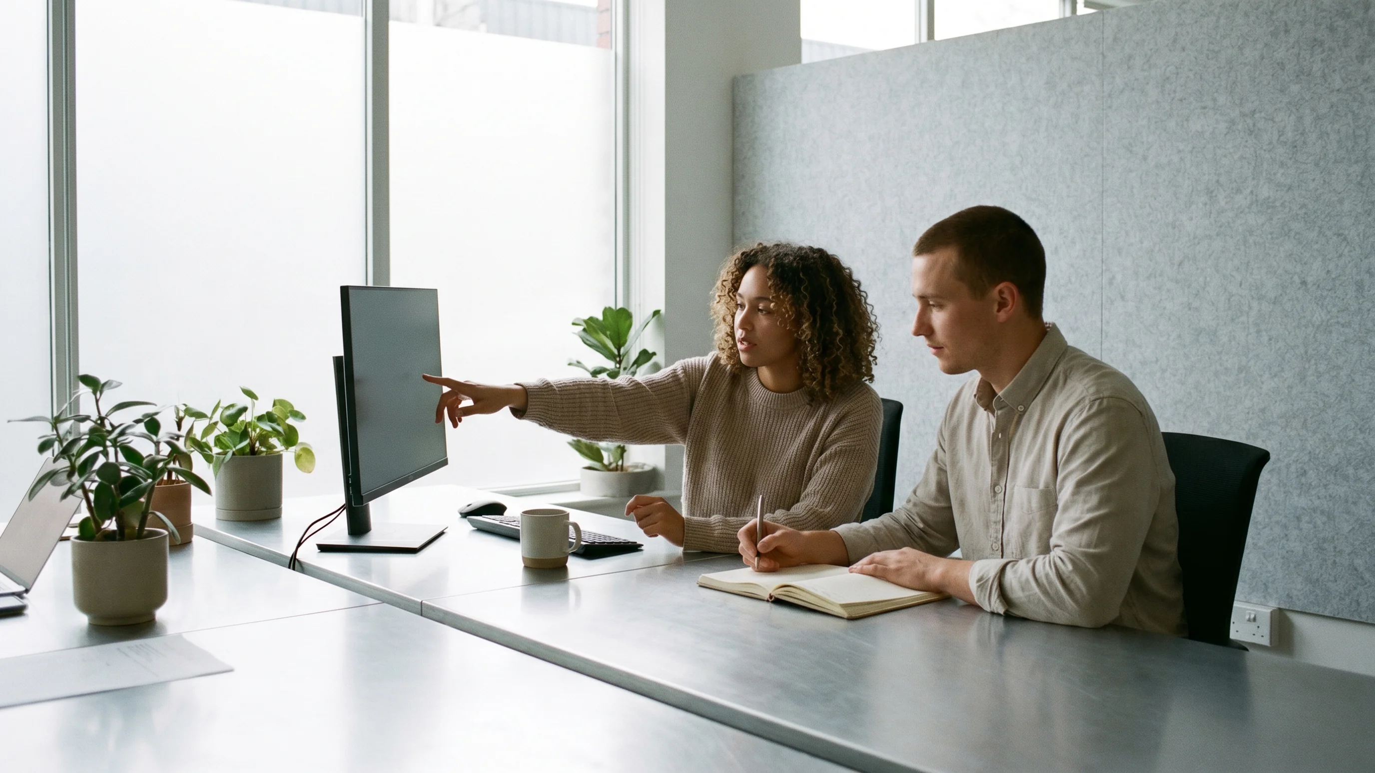 Twee collega's bespreken een geautomatiseerde workflow aan een gedeelde werkplek in een modern kantoor