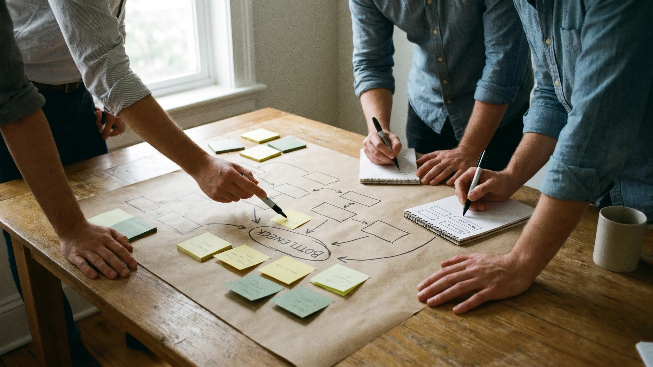 Team brengt werkprocessen in kaart op whitepaper met post-its en stroomdiagram op een eikenhouten werktafel