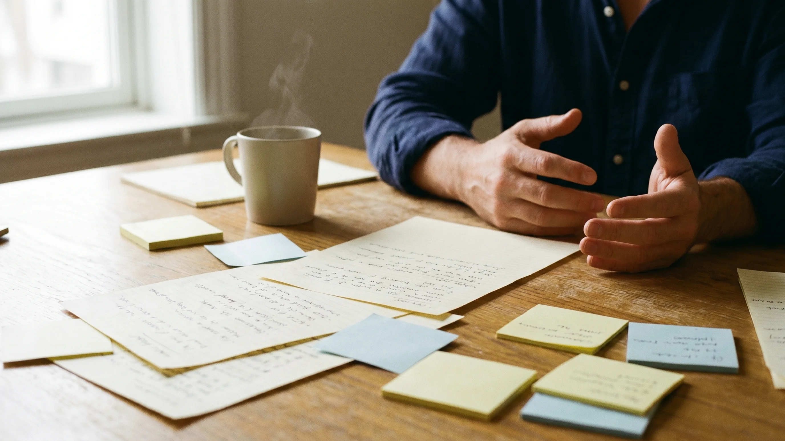 Teamoverleg aan eikenhouten tafel met aantekeningen en sticky notes tijdens een procesverbeteringssessie
