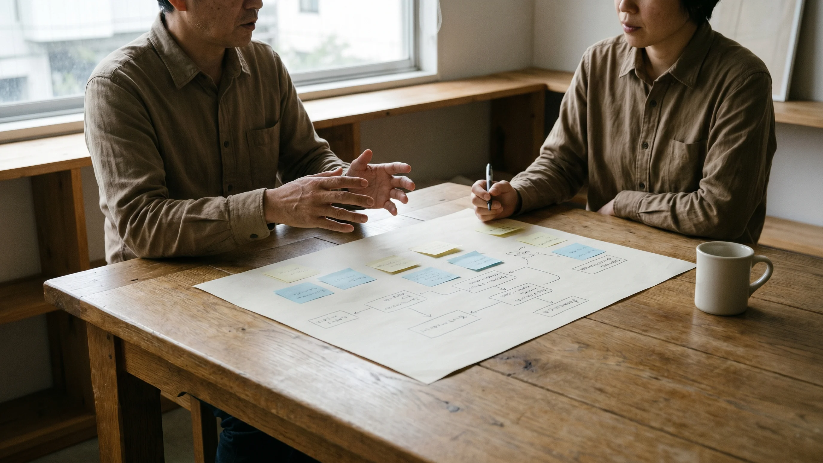 Consultant en klant werken samen aan procesanalyse met schetsen en sticky notes op een vergadertafel