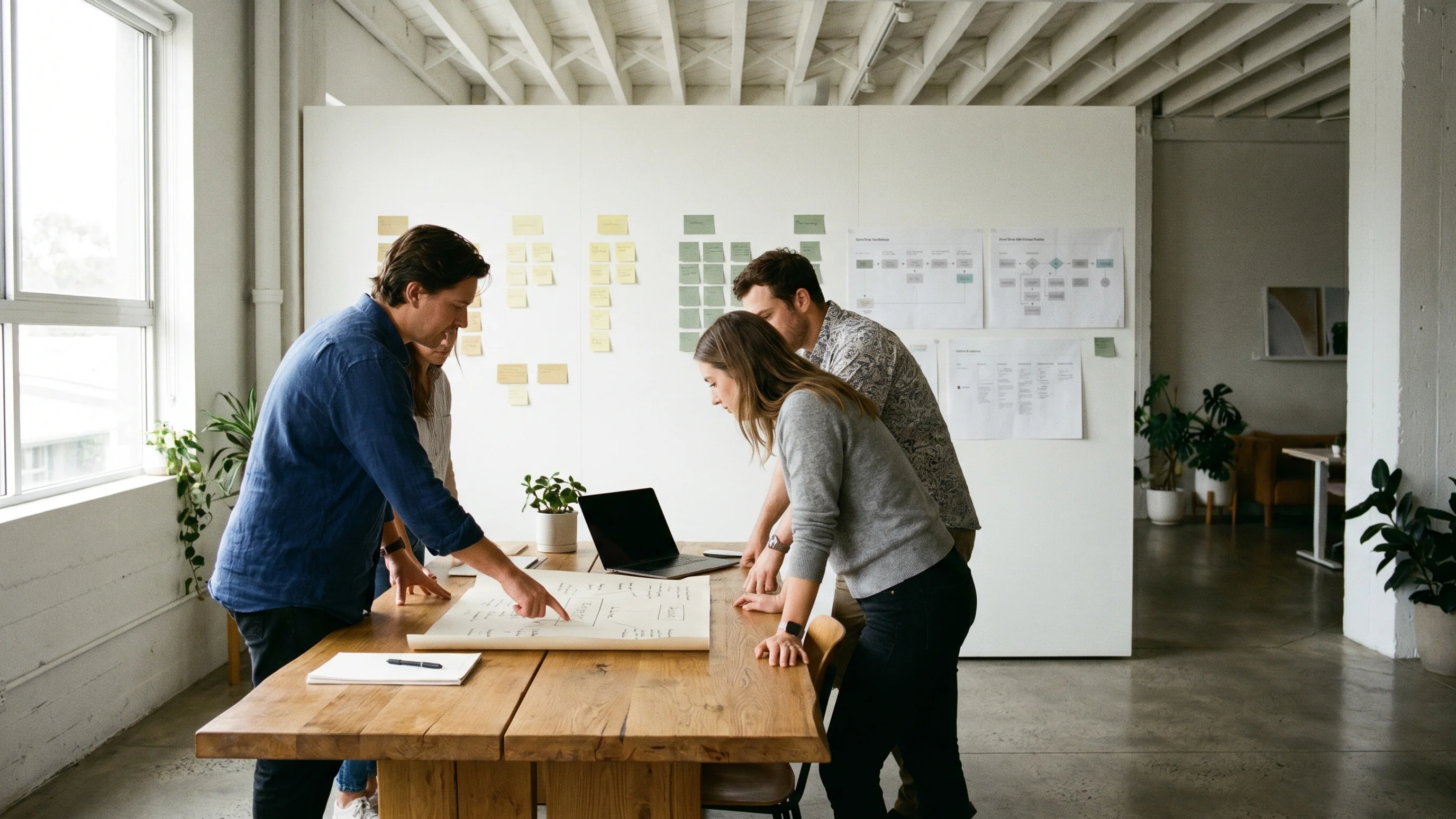 Team bespreekt monday.com workflow ontwerp op maat rondom een eikenhouten tafel met procesdiagrammen