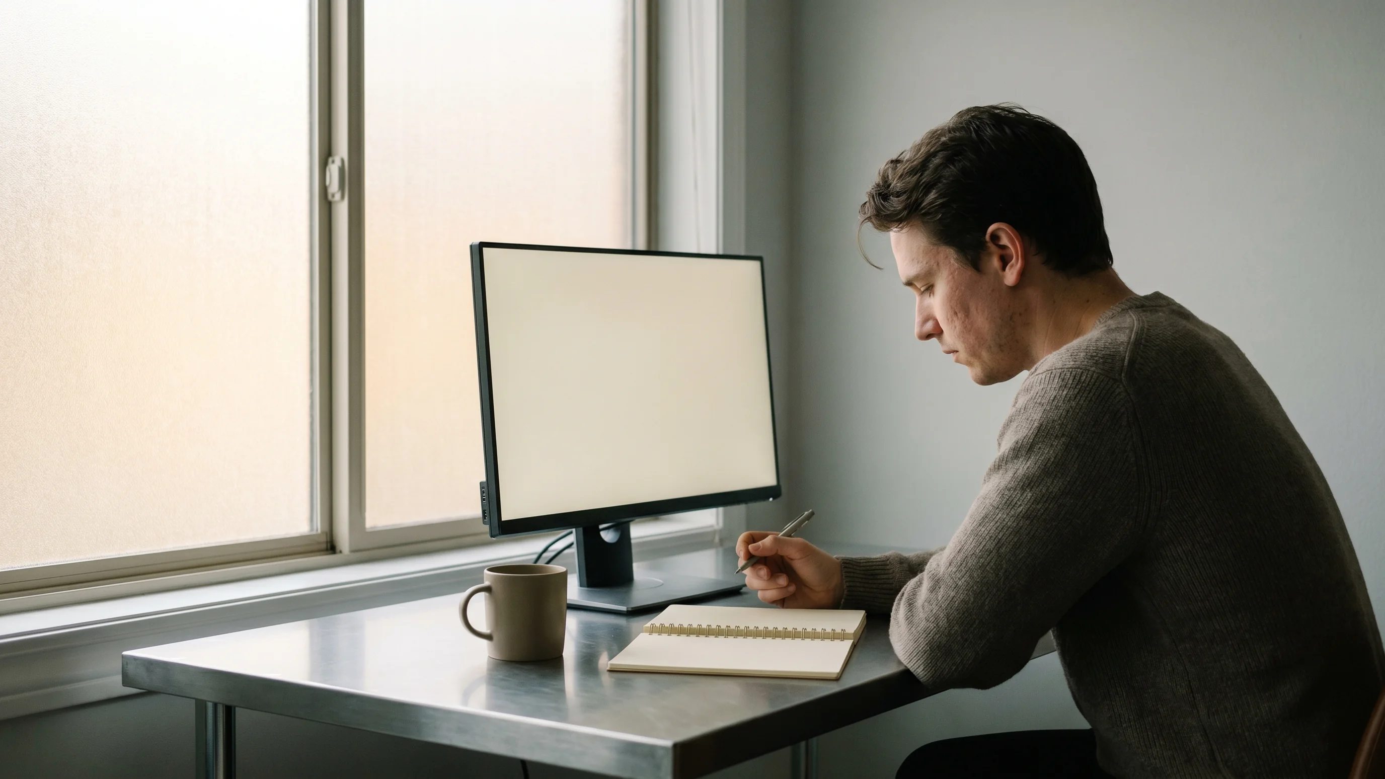 Medewerker werkt geconcentreerd aan bureau tijdens hypercare fase na monday.com livegang