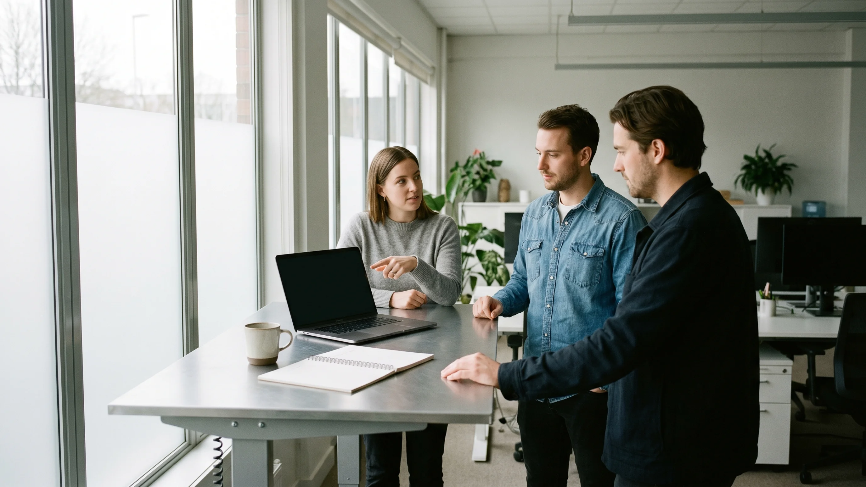 Klein team bespreekt gezamenlijk een digitale tool op een laptop in een moderne werkruimte