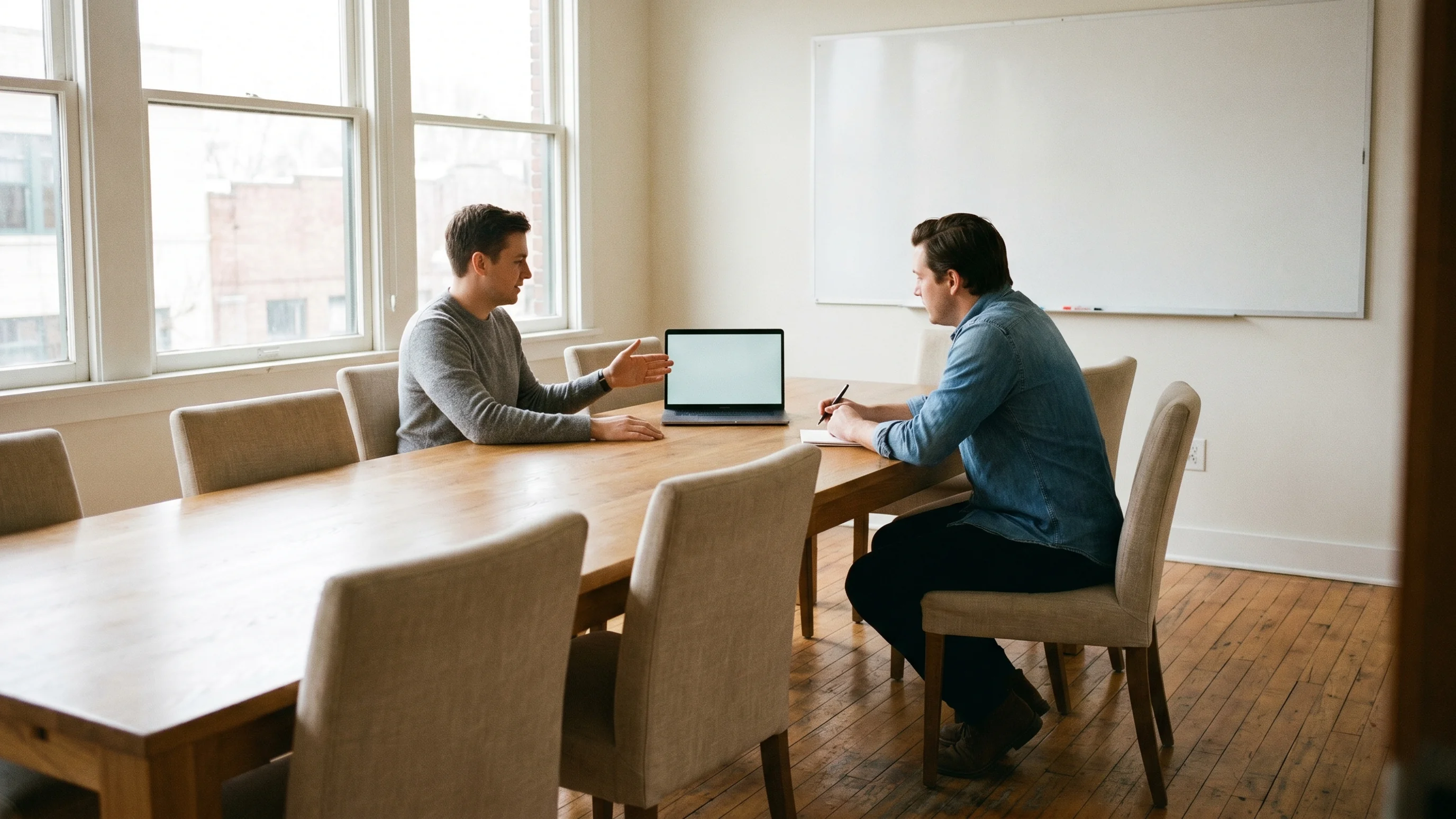 Twee consultants in overleg aan een eiken vergadertafel tijdens een implementatiegesprek
