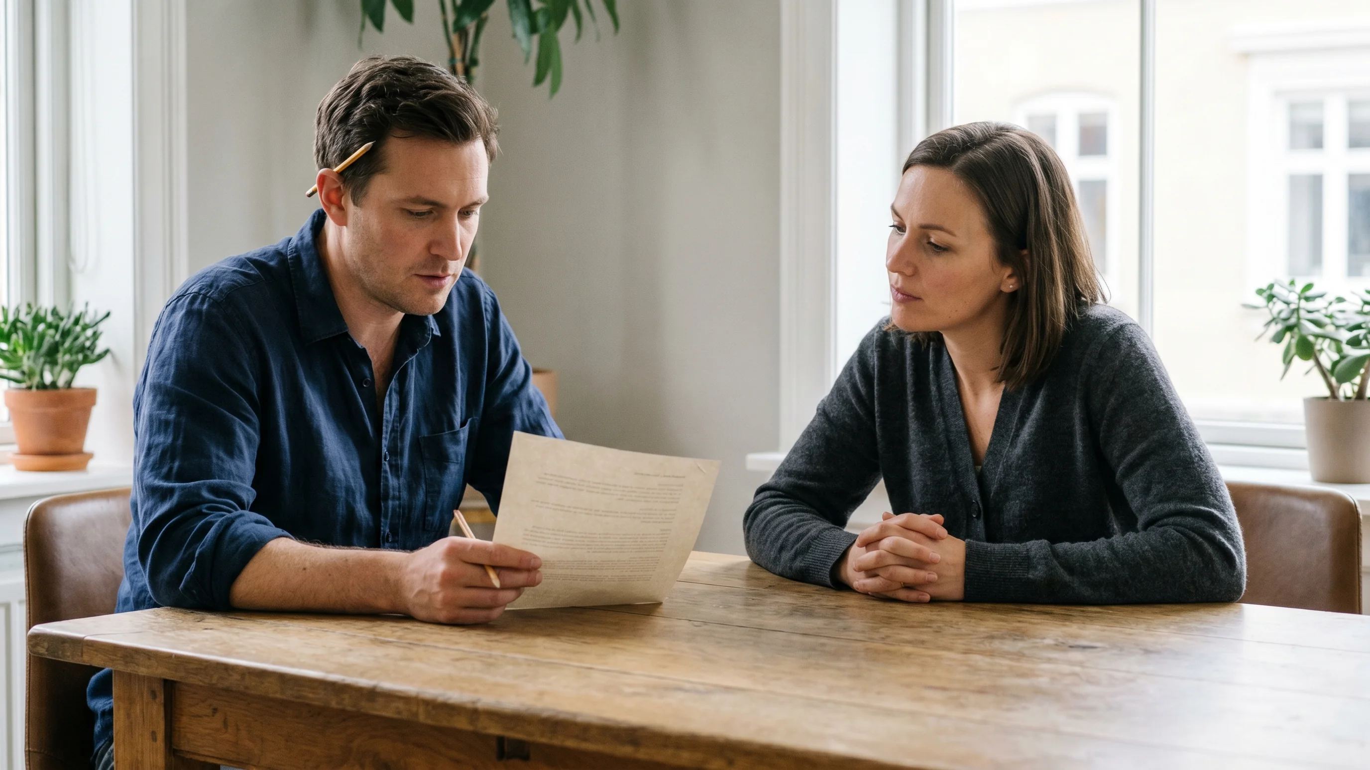 Consultant en ondernemer bespreken criteria voor het kiezen van een Monday.com partner aan eikenhouten vergadertafel